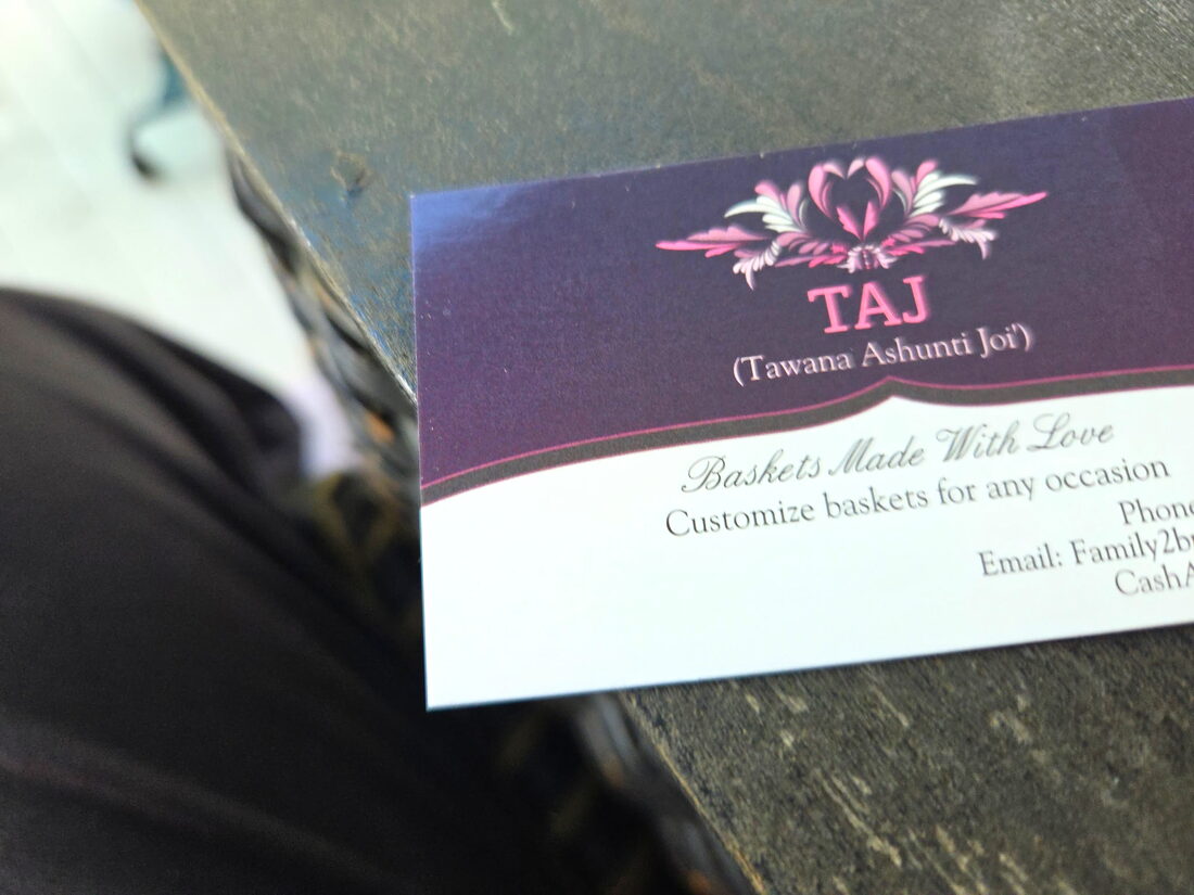 The TAJ Baskets Made With Love business card