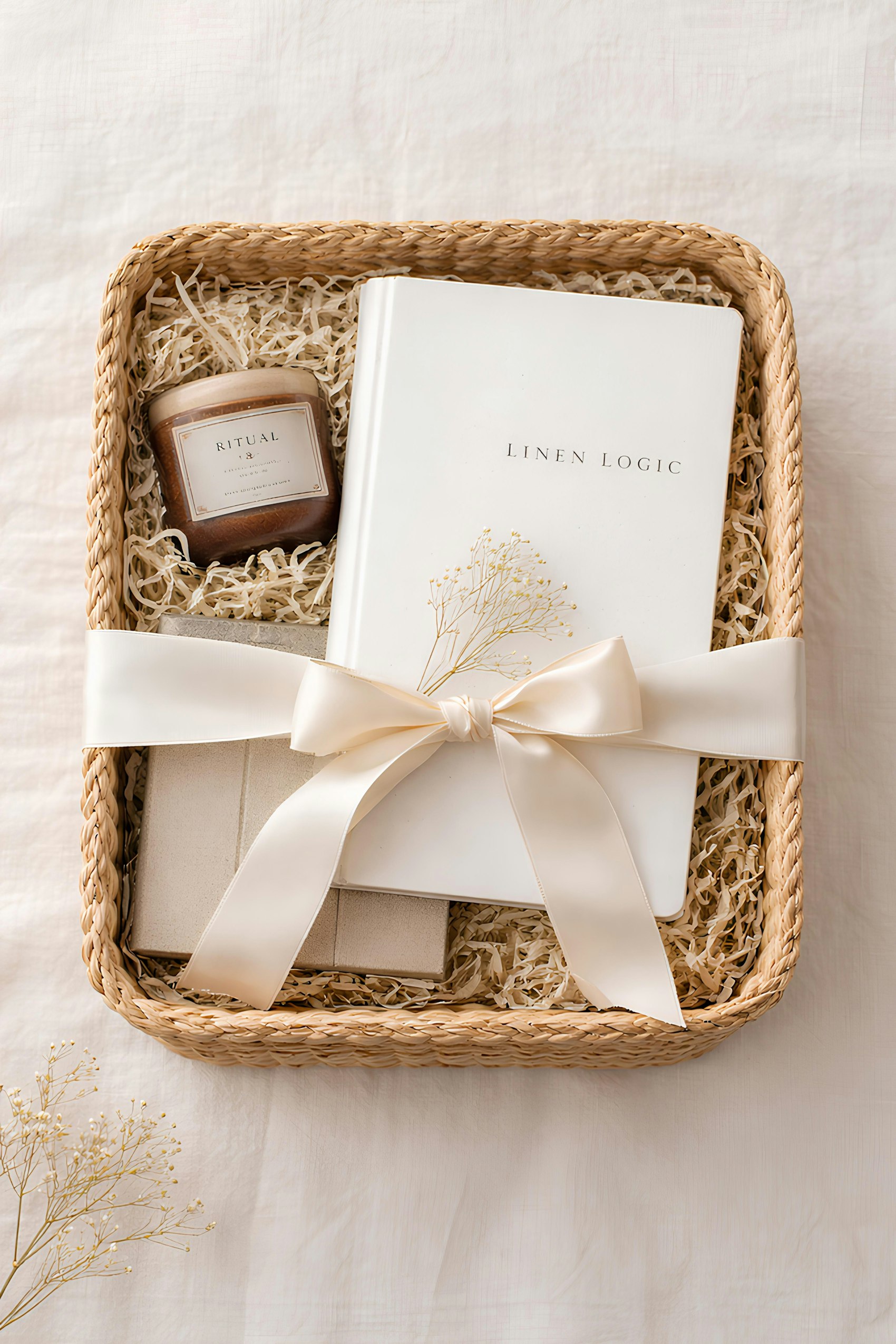 A finished gift basket with a candle, a book and a ribbon